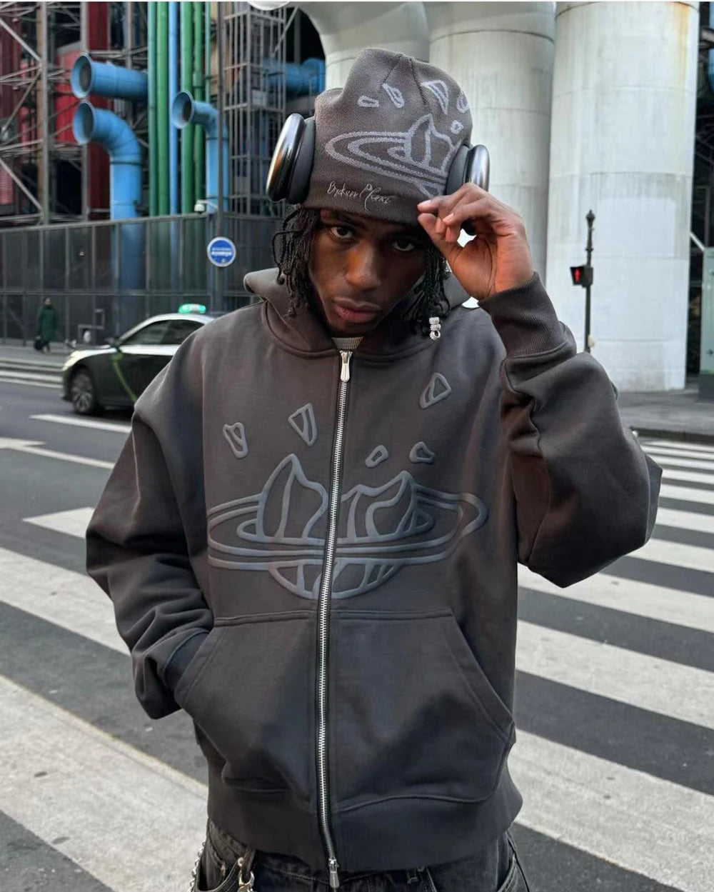 Men’s Oversized Fleece Jacket Yao Broken Brand Streetwear Zip Up