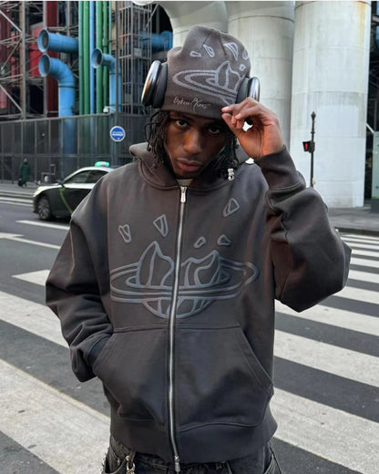 Men’s Oversized Fleece Jacket Yao Broken Brand Streetwear Zip Up