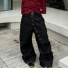 Mens Buckle Detail Curved Leg Jeans Black Wide Fit Hip Hop Pants