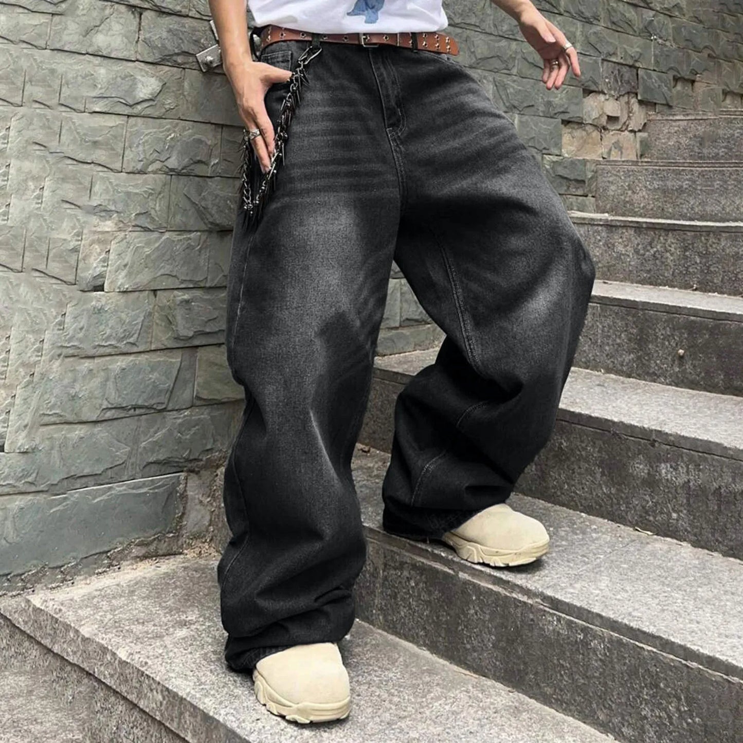 Men Baggy Denim Pants Wide Leg High Waist Belt Casual Trousers
