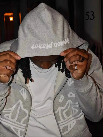 Men’s Oversized Fleece Jacket Yao Broken Brand Streetwear Zip Up