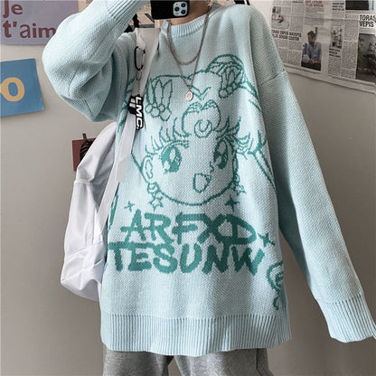 Streetwear Damen Anime Print Strickpullover Langarm Pullover