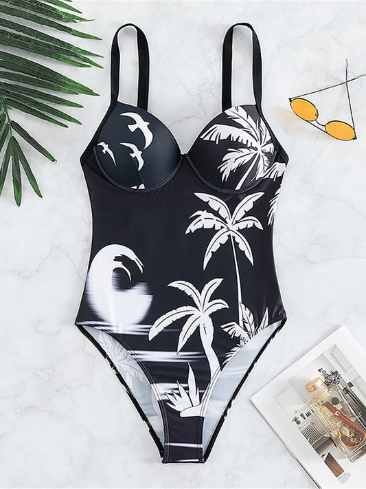 Printed Underwired One-Piece Swimsuit High Leg Cut