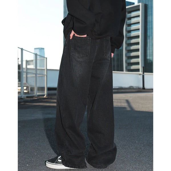 Mens Wide Leg Jeans Distressed Vintage Wash Baggy Denim Straight Fit