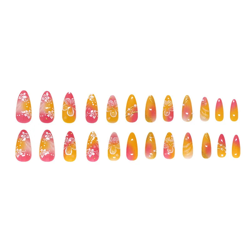 24pcs White Flower Fake Nail Tips Ins Yellow Pink Blush False Nails
