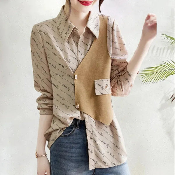 Womens Button Shirt Layered Look Letter Print Long Sleeve Blouse