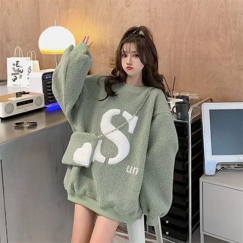 Women Lamb with Bag Lady Letter Fleece Sweatshirt Women Loose Pullover Winter