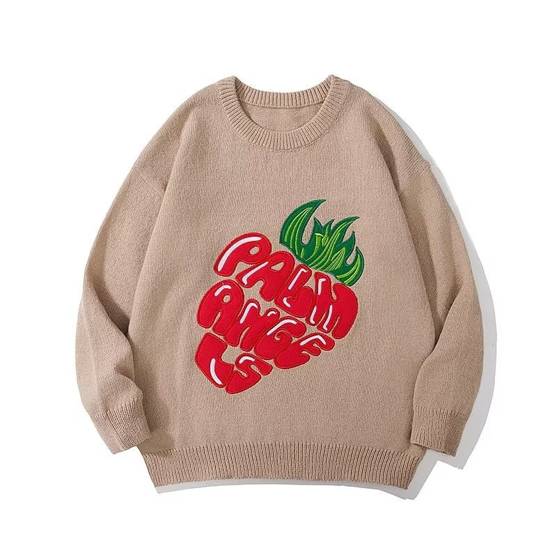 Men High Street Vibe Strawberry Print Pulover Sweater for Autumn