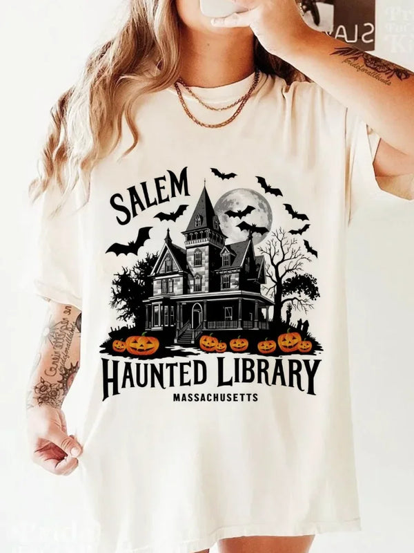 Gothic Haunted Library Tee Vintage Salem Print Halloween Shirt