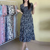 Spring Summer Elastic Waist Chiffon Dress Women Casual Pleated A-line