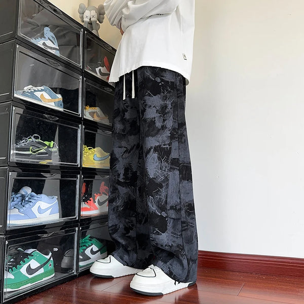 Mens Tie Dye Pants Korean Streetwear Wide Leg Black Casual Trousers
