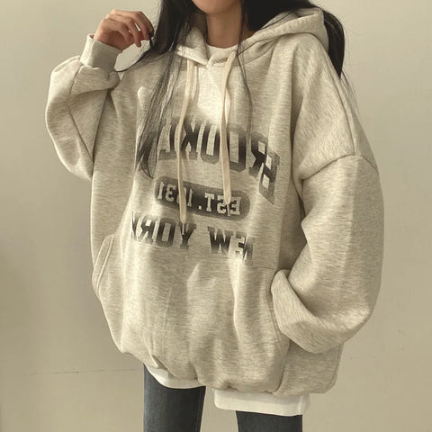 Women's Winter Loose Letter Print Plush Thick Hooded Sweatshirt