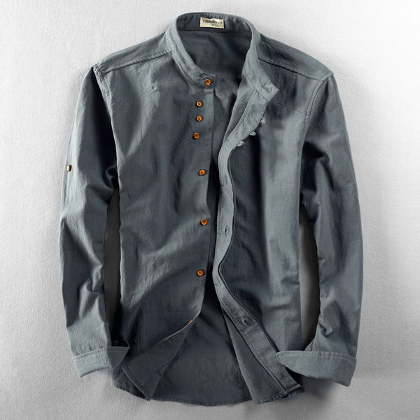 Mens Linen Mandarin Collar Shirt Chinese Style Long Sleeve Tunic