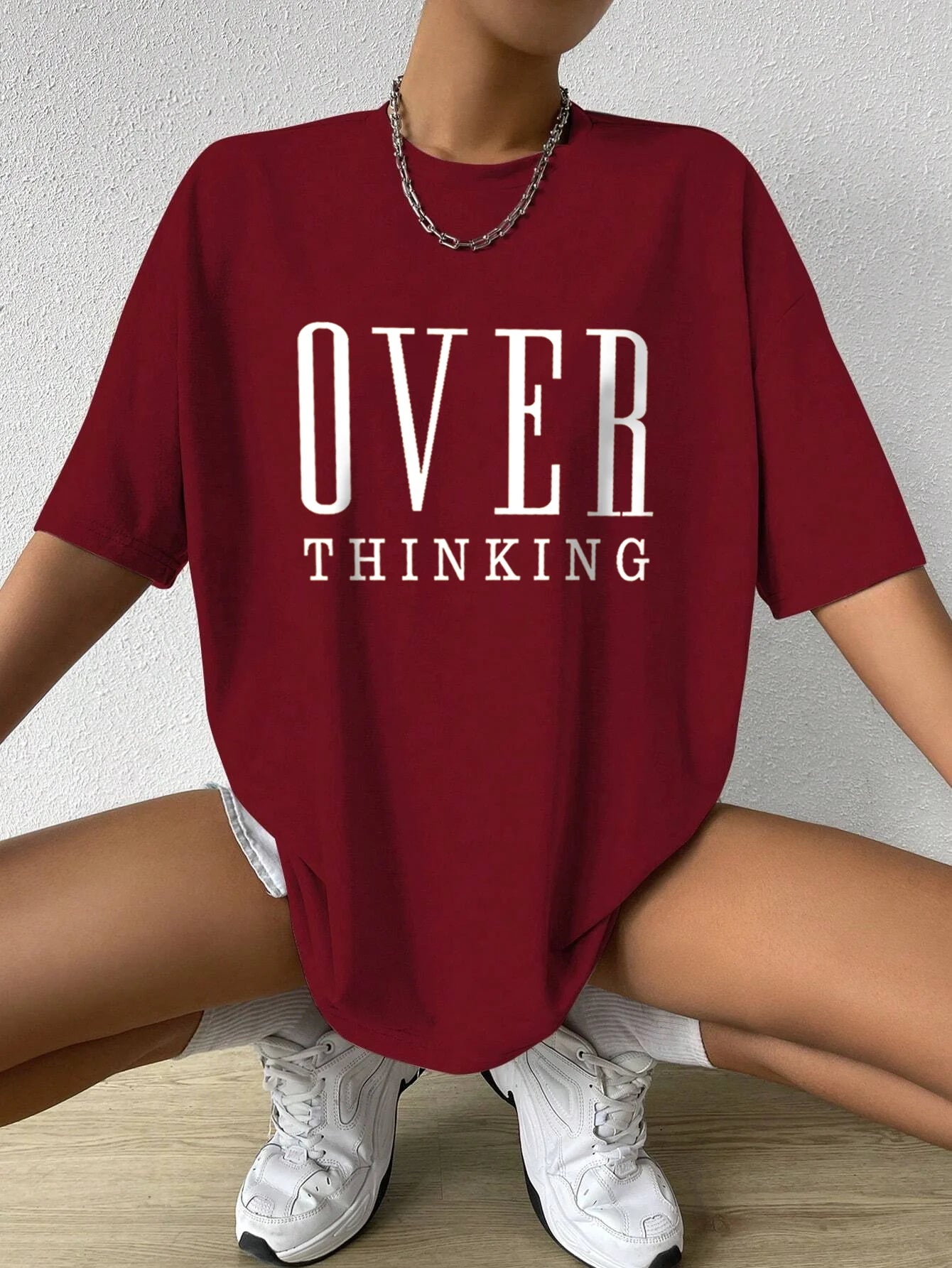 Over Thinking Letter Print Women Cotton Short Sleeve Breathable Vintage O-Neck