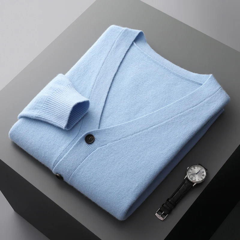 Mens Pure Merino Wool Cardigan V Neck Sweater Jacket Oversized Knit