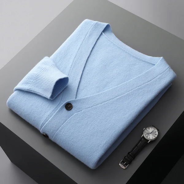 Mens Pure Merino Wool Cardigan V Neck Sweater Jacket Oversized Knit