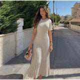 Elegant Maxi Dress: Ribbed Knit, O-Neck, Short Sleeve, Lace-Up