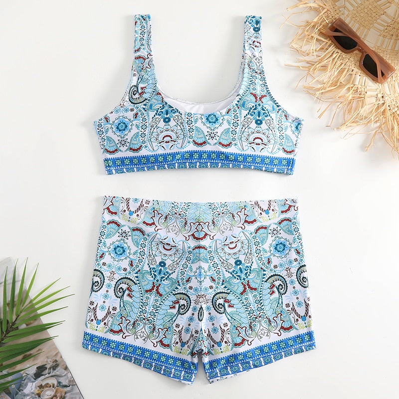 Vintage Bikini Set Badeanzug Retro Print Tank Top Hohe Taille