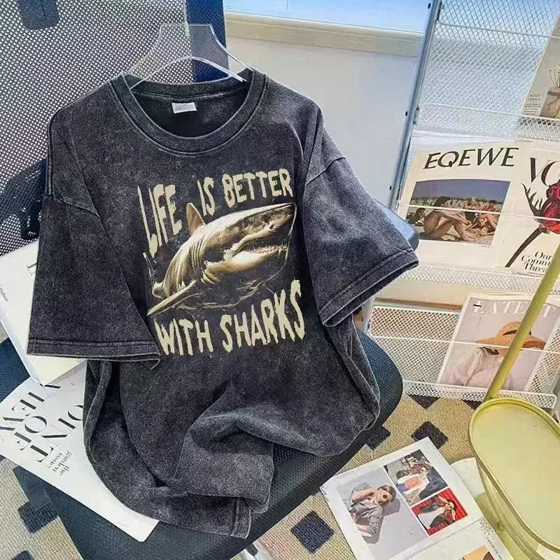 American Retro Wash T-Shirt Men's Summer Loose High Street Fashion