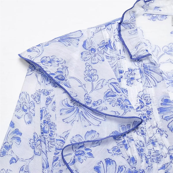 Blue White Floral Blouse Women Ruffled Long Sleeve Elegant Top