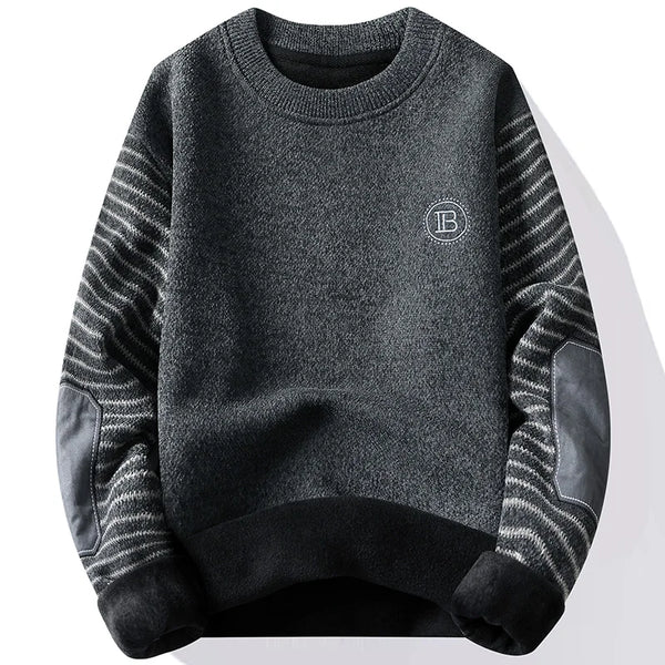 Mens Patchwork Crew Neck Sweater Fleece Lined Thick Warm Winter