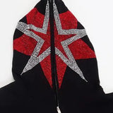 Autumn and Winter Y2K American Star Rhinestone Hooded Sweater Gothic Zipper