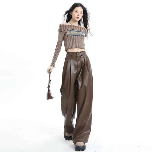 Women's Brown PU Wide Leg Pants High Waisted Faux Leather Trousers