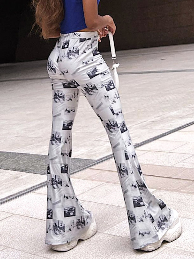 Pants Y2k Casual Prints Flare For Women Clothes Elastic Waist Fashion