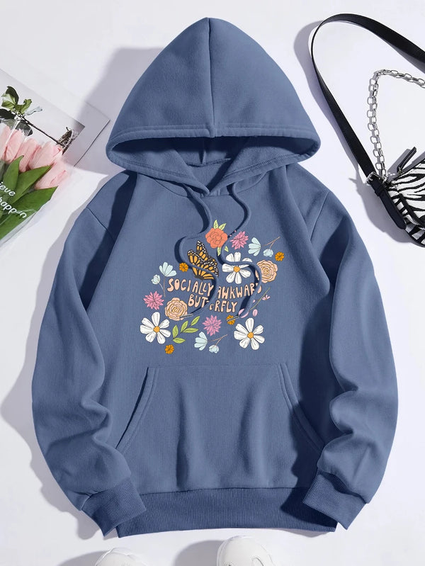 Flowers And Butterflies Hoodie Women Plants Prints Pocket Loose Pullover