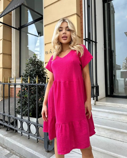Women’s V-Neck Loose Dress Summer 2025 Casual Solid Color Streetwear