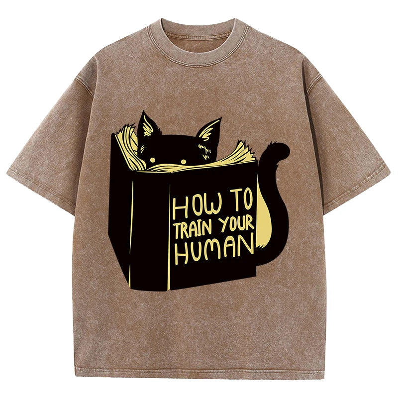 Smart Cat Reading Print T-Shirt Men Summer Vintage Water Wash