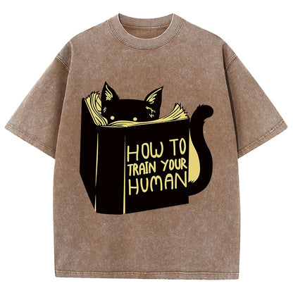 Smart Cat Reading Print T-Shirt Men Summer Vintage Water Wash