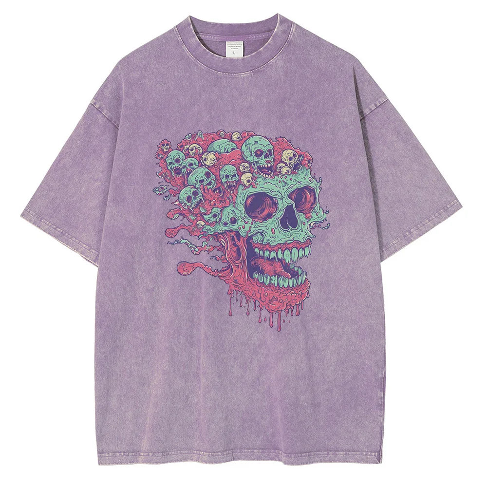 2025 Cold-Blooded Zombie Skull T-Shirt Vintage Wash Men’s Casual