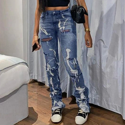Women's Y2K High-Waist Ripped Skinny Jeans Streetwear Denim Pants