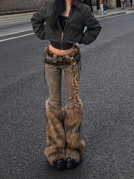 Vintage Bubblegum Leopard Jeans Women Streetwear