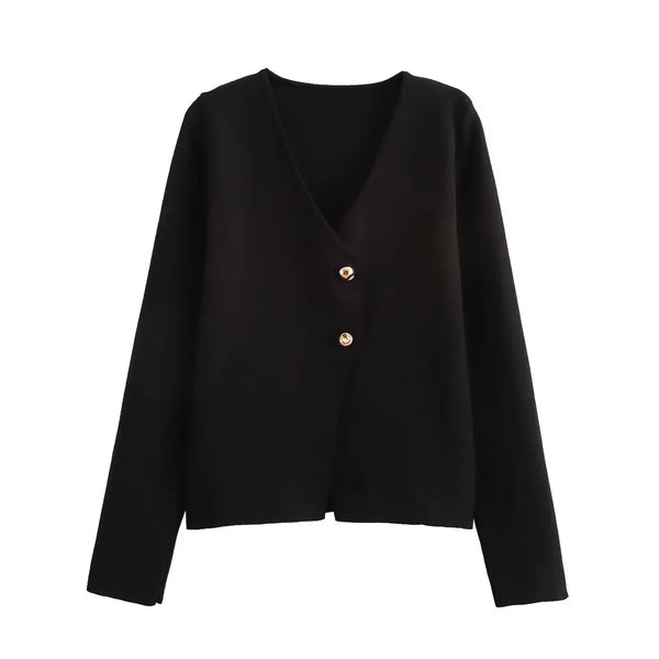 Women's V-Neck Button Jacket - Long Sleeve Outerwear Top