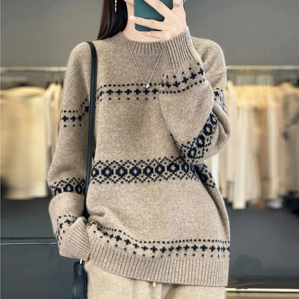 Womens Wool Sweater Jacquard Crew Neck Oversized Pullover