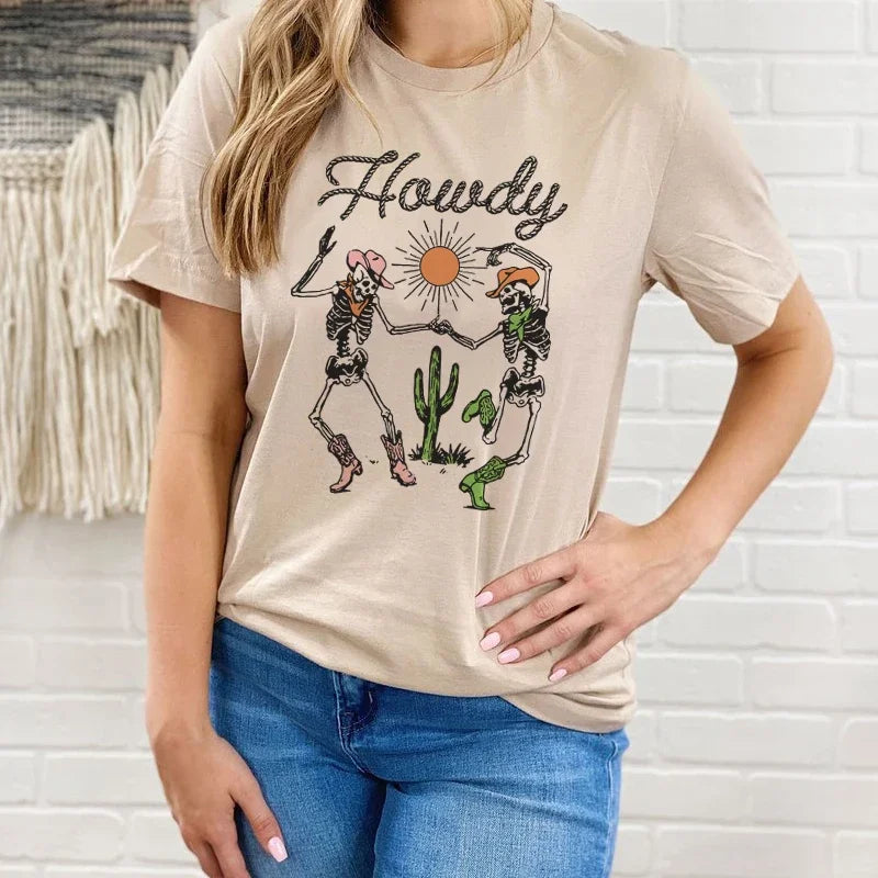 Vintage Howdy Skeleton Cowgirl Tee Summer Western Shirt Women