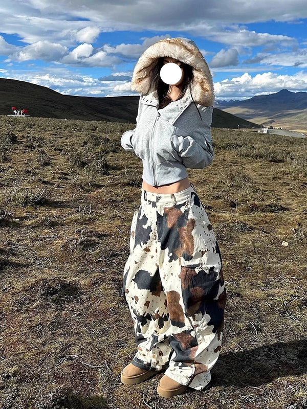 Cow Print Barrel Jeans Women Fleece Lined Wide Leg Low Rise Pants