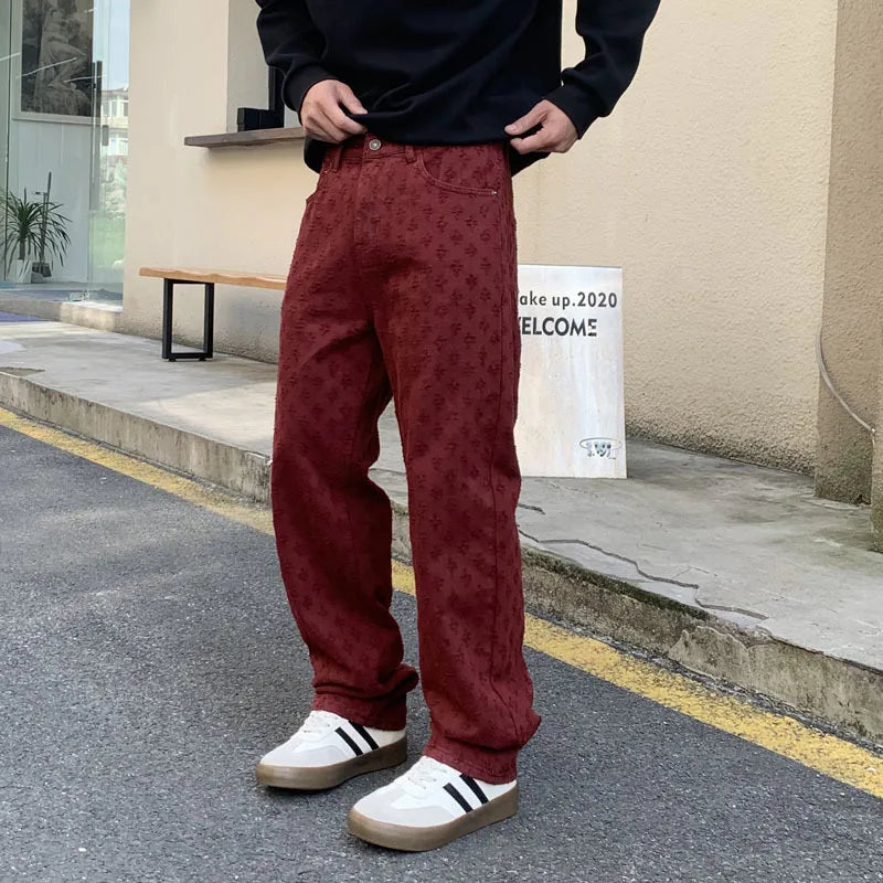 American Style Red Jeans Men's Street Fashion Loose Embroidery Wide Leg