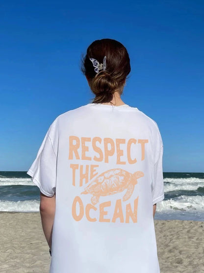 Womens Respect The Ocean Turtle Tee Casual Short Sleeve