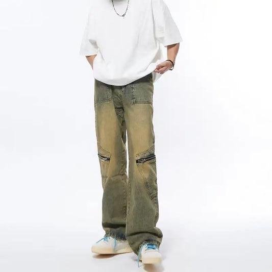 American Retro Washed Distressed Multi-Pocket Jeans Hip-Hop