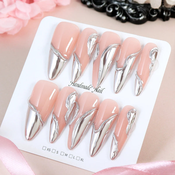 10pcs Gold Metallic 3D Press-On Almond Fake Nails