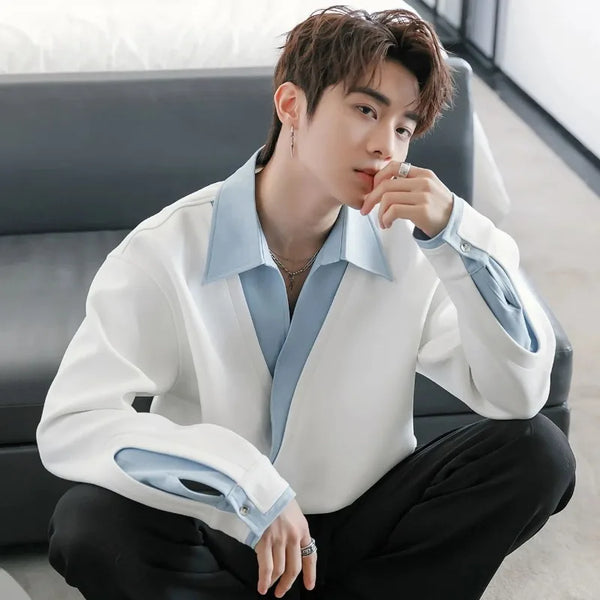 Mens Splice Shirt Long Sleeve Patchwork Designer Top Spring