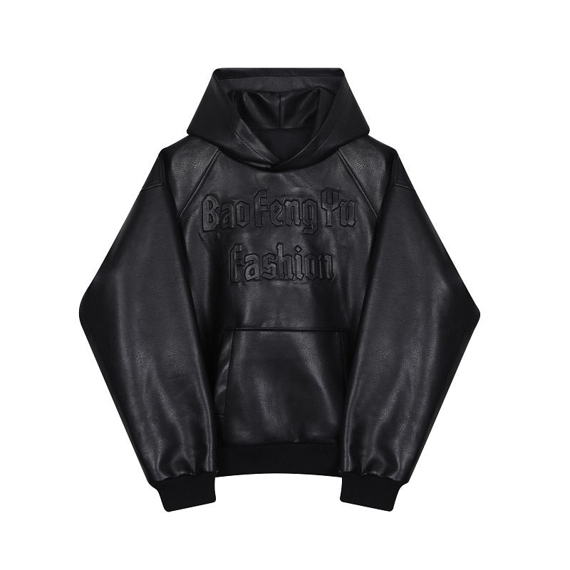 Streetwear Men Casual Pullover Leather Hooded Pullover Solid Color