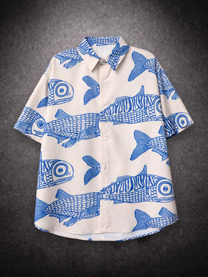 Oversized American Fried Fish Print Shorts Men's Summer Casual Tee