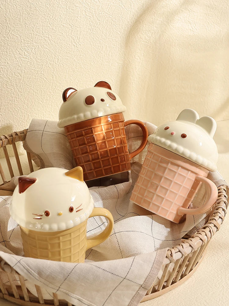 Cartoon Cute Little Bear Mug Couple Ceramic Mug With Lid Women