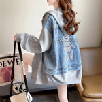 Diamond Patchwork Denim Hoodie Jacket Y2k Thin Zip-up Spring Fall