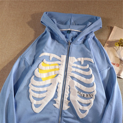 Y2K Skull Print Hoodies Vintage Zipper Hooded Jacket for Women