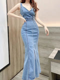 Leisure And Sexy Backless Slit Wrapped Buttocks Denim Suspender Dress 2024